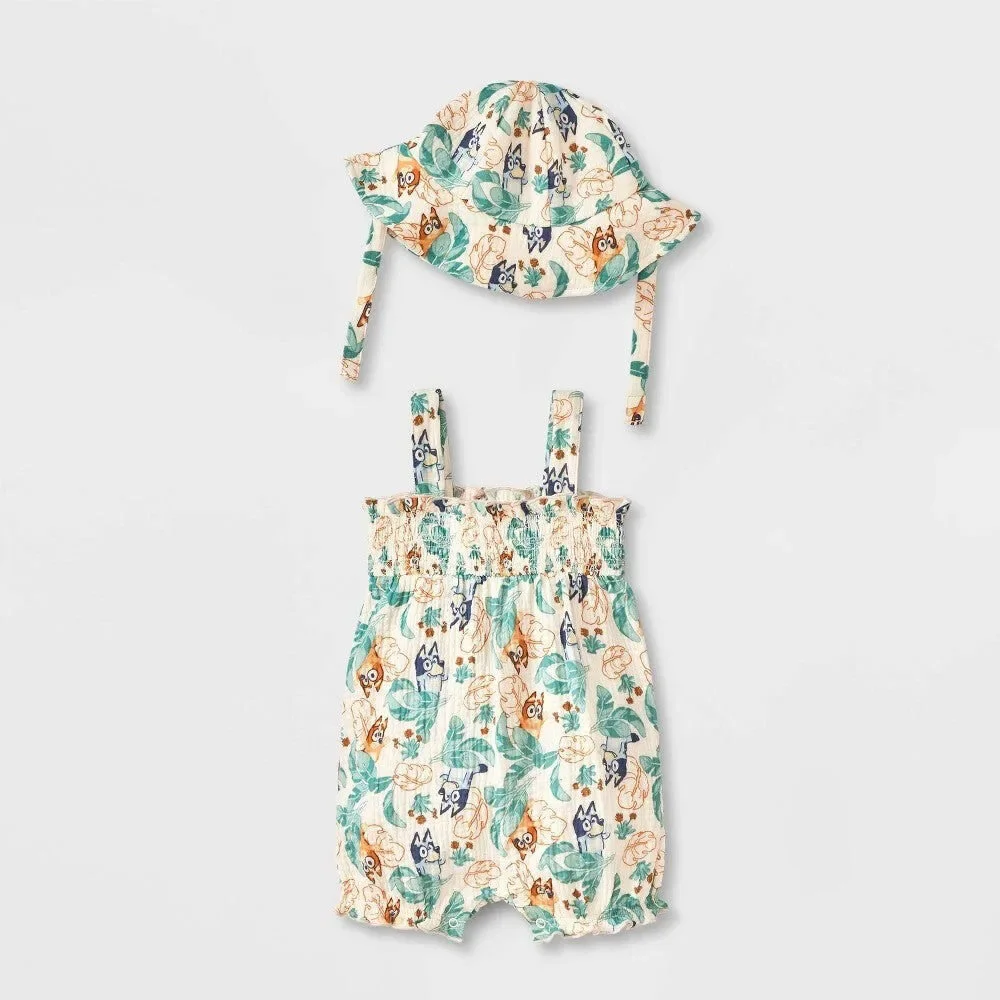 Bluey Baby Girls' Gauze Romper & Hat Set, Ivory 3-6M